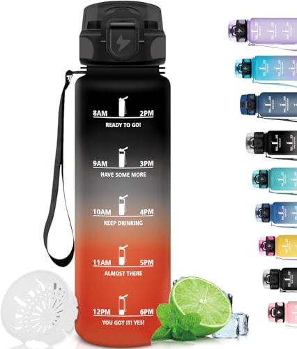 Grsta Borraccia 1 Litro, Borraccia Palestra Senza Perdite, Bottiglie Motivazionale con Scala Temporale, Borracce Filtrante, Facile da Pulire, Borraccie per Sport, Fitness, Ciclismo, Nero-Rosso