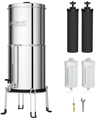 Purewell Filtre à Eau 11 litres par Gravité - Cuve Acier Inox 304 + 4 Filtres (Charbon/Fluor) - Robinet Visuel - Élimine 99% Fluorures/Chlore/Métaux - Sans Électricité
