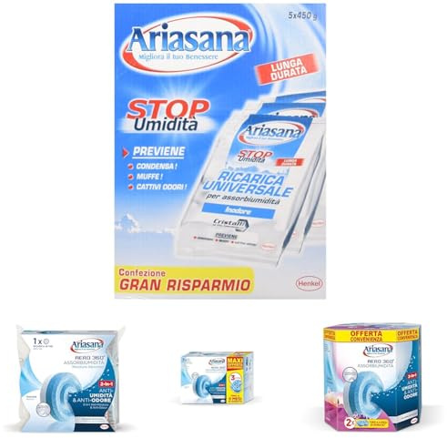 Ariasana Ricarica in Sali Assorbiumidità Fragranza Inodore Formato Convenienza di 5 Buste da 450 Grammi Assorbono Efficacemente l'Eccesso di Umidità