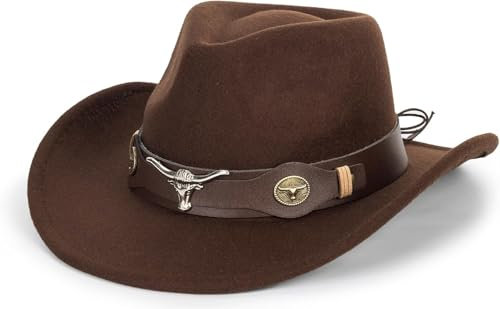 NociHah Klassischer formbarer Westernhut für Damen – Fedora-Hüte aus Filz mit breiter Krempe zum Aufrollen für Herren – Cowgirlhut mit Gürtelschnalle (M-L)