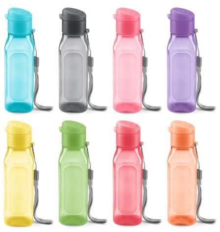 MILTON Set mit 8 quadratischen Sportwasserflaschen aus wiederverwendbarem Kunststoff mit breitem Hals, auslaufsicher, für Schultaschen, Lunchboxen, Fitnessstudio, mit Klappdeckel – 300 ml