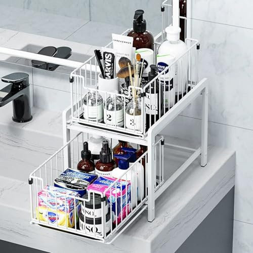 Hodeffior 2 Etagen Unter Waschbecken Regal, Küchen Unterschrank Regal Organizer, Ausziehbares Küchenregal zum Rausziehen, Einbauregal Metall Einbauschublade Korbauszug,Badezimmer Spülschrank Organizer