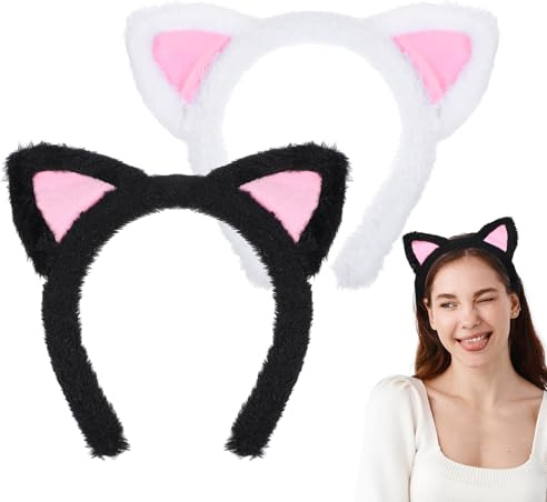 GEEHUA 2 st halloween kattöron pannband, mjuka plysch kattöron hårband söt luddig katt öra hårring svarta hårband för halloween cosplay fest kostym hårtillbehör kvinnor hudvård smink tvätt ansikte