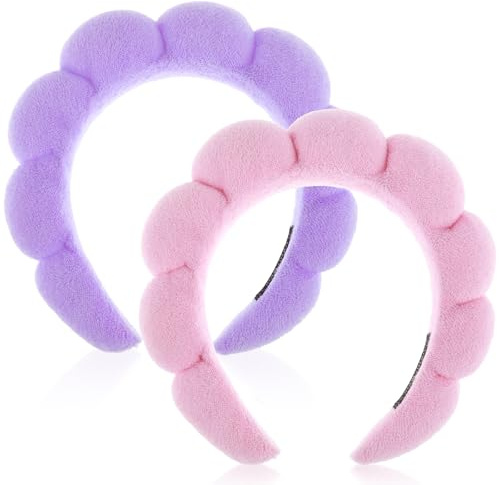 YUXIANLB Spa Stirnbänder Für Frauen 2er Set Schwamm Stirnband, Rosa + Lila | Zum Waschen Von Gesicht, Oder Gesichtsbehandlung, Hautpflege Stirnband, Make Up, Frottee Stoff