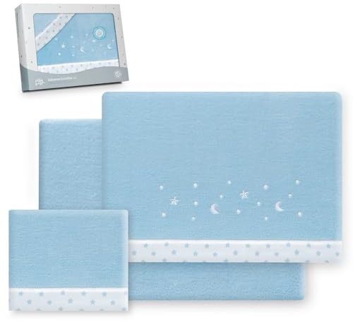 Interbaby - Juego Sabanas Cuna 60x120 Poliester 100% | Sabana Cuna Coralina, Cálida | Incluye Sabana Bajera, Encimera y Funda de Almohada | Ideal para Invierno | Estrella Luna Azul