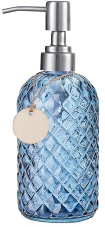 Topsky Glass Soap Dispenser with Silver Metal Pump 400ml Blue | Refillable Liquid Hand Soap Dispenser, Rustproof Pump for Kitchen & Bathroom, Great for Lotions, Essential Oil, Liquid Soaps