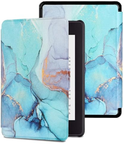MOKASE Hülle für 7 Zoll Kindle Paperwhite (12. Gen. 2024) & Kindle Colorsoft Signature Edition 1st Gen. 2024, Kunstleder Magnetische Hartschale mit Handschlaufe & Auto Schlaf/Aufwach, Green Marble