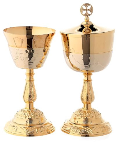 Holyart Cáliz y Copón Base y Nudo en fusión latón Dorado 24k, CopónDiámetro Copa Cáliz: 7 cm|Diámetro píxide: 8 cm|Altura cáliz: 15 cm|Altura píxide Doble: 15.5 cm