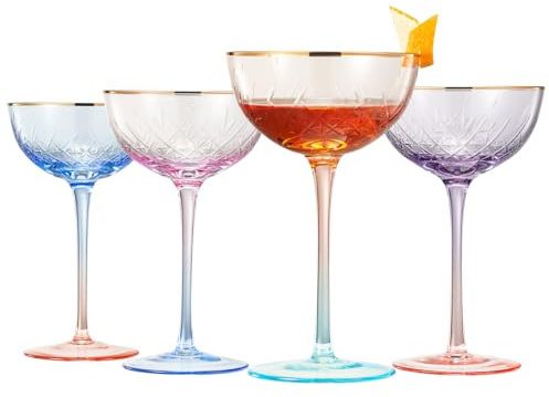 Vintage Art Deco Coupe, 2 Toned for Champagne, Martini, Cocktails | Set of 4 | 7oz Classic Cocktail Glassware, Manhattan Cosmopolitan, Sidecar, Crystal Speakeasy Style Saucer Goblets Coupes with Stems