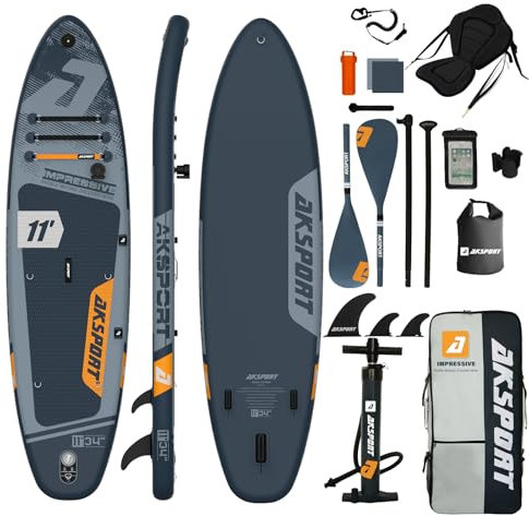 AKSPORT 11' Aufblasbares Stand Up Paddle Board,Aufblasbare SUP Board mit komplettem Zubehör, breites stabiles Design, rutschfestes Deck- 2-in-1 Convertible Paddling Board/Kayak für Paddeln/Fischen