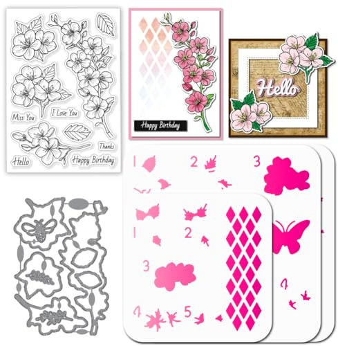 GLOBLELAND Kirschblütenmotiv Stamps Stanzschablone für die Kartenherstellung Blumen Blättern Silikonstempel Stanzschablone Schmetterlingen PET Malschablonen Für DIY Scrapbooking Bastelalben Zubehör