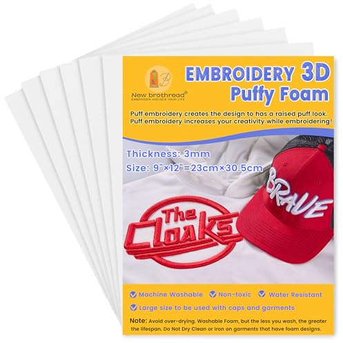 New brothread - 6 PCS Espuma de bordado 9″x12″ (23cmx30.5cm) Tamaño Grande 3MM Espesor Creación de efecto bordado 3D para gorras, prendas, chaquetas, bolsos, mochilas y más - Blanco