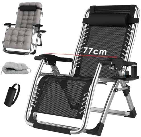 TYGYSDO Trädgårdsstol, hopfällbar campingstol, trädgårdsfåtölj, utomhus, hög rygg, justerbar relaxfåtölj, vilstol, camping, solstol, trädgård, 200 kg (silverfärgad, 77 cm)