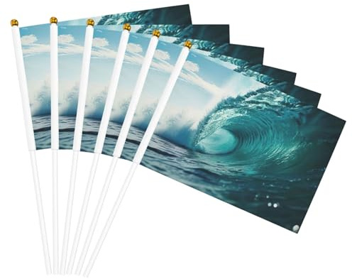 Ocean Green Wave Surf print Small Flag Hand Held Stick Flag for Parades,Mardi Gras,Personalized Banner(6Pcs)
