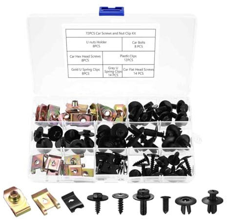 Kit de Fixation Voiture 72 x U Clips et Vis de Carrosserie, Vis d'Aile de Carrosserie, Auto Kit à Vis et Écrous, Clips en Plastique Rivet Fixations,Garde-boue Boulons et Agrafes, Fixations Universelle