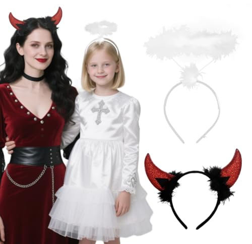 VOPIWOZ 2 Stück Teufelshörner und Engel Haarreif Set, Halloween Kopfschmuck Damen, Weiß Engel Heiligenschein, Halloween Accessoires für Engel und Teufel Kostüm Damen, für Karneval Mottoparty Cosplay