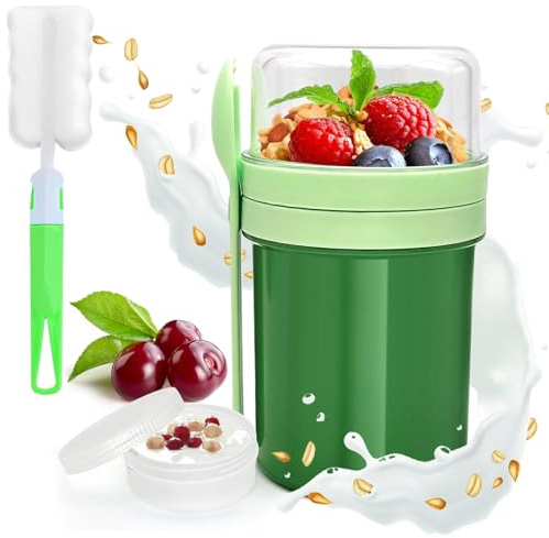 Müslibecher to Go - Premium Qualitat Joghurtbecher to Go Kinder mit Löffel 650ML+250ML, Auslaufsicher Müsli Cup Becher mit Soßenbox, Kinder&Erwachsene, Joghurtbecher to Go Porridge Becher,Grün