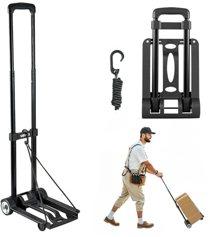 VEVOR Carretilla de Mano Plegable, Carrito de Equipaje Plegable con 2 Ruedas y 1 Cuerda Elástica Carrito de Plataforma Utilitario Carga de 49,9 kg para Equipaje de Viaje, Aeropuerto, Mudanza, Negro
