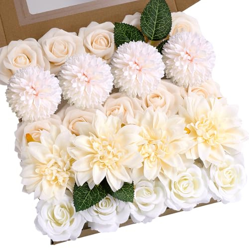 BSMYBO White Flower Artificial Roses Faux Flowers with Stems Mix Fake Roses Dahlia Chrysanthemum Ball for Wedding Bridal Bouquets, Table Centerpieces, Baby Shower, Party, Home Decorations