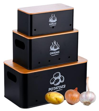 Relaxdays Set di 3 scatole, Patate, cipolle, Aglio, contenitori per Verdure con Coperchio, Metallo, Nero