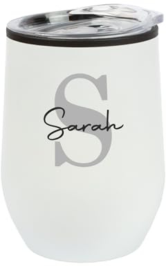 Herz & Heim® Personalisierbarer Thermobecher mit Wunschmotiv & Name – Edelstahlbecher 350 ml – Schwarz oder Weiß – Isolierbecher für Kaffee, Tee & mehr – Geschenkidee für Frauen (Weiß, Monogramm)