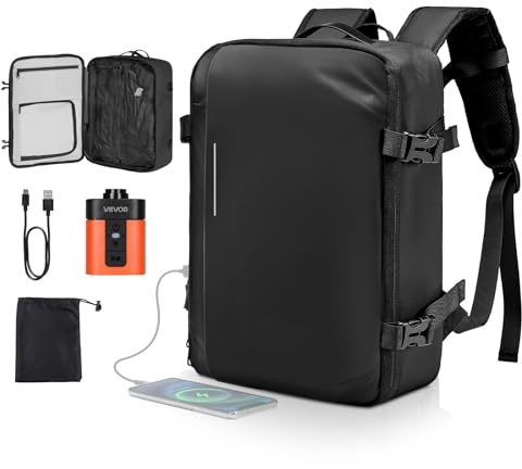 VEVOR Sac à Dos Voyage sous Vide, 35 L, Sac à Dos à Compression sous Vide, avec Pompe Compacte, Plusieurs Compartiments et Poches, Bretelles Rembourrées, pour Voyages d'affaires, Sortie Camping, Noir