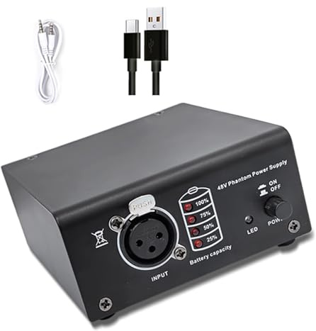 LLINthy Adattatore di alimentazione compatto da 48 V per microfoni a condensatore, include cavo di ricarica USB C e cavi dati di alimentazione con batteria