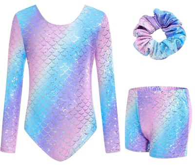 JiAmy Gymnastikdräkt för flickor, gymnastikdräkt, gymnastikshorts, hårband, set, gymnastikdräkt, Leotard-set för 3–12 år, Färgglada fiskfjällar, 5-6 år