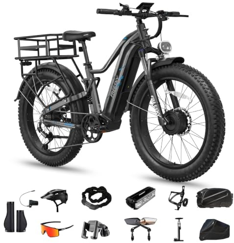 FREESKY Dual Motor Ebike for Adults : Eurostar Turbo 200NM Electric Bike, 48V 25Ah Battery 105-Mile Off-Road E Bike,26 Fat Tire Full-Suspension All-Terrain Mountain E Bicycle - Expedition & Commuter