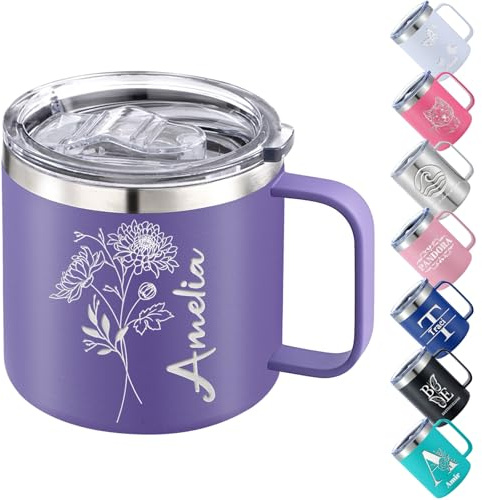 Personalisierter Isolierter Kaffeebecher mit Name/Logo/Text, Individueller Edelstahlbecher mit Deckel und Henkel c Männer & Frauen, Gravierte Tasse to go für Geschenk 12oz 14oz