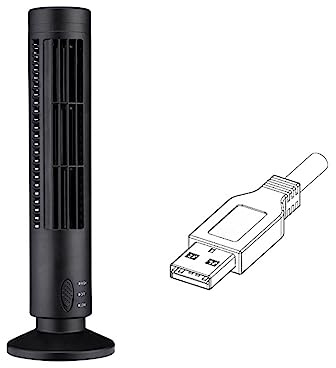 KIMISS Ventilador de Torre Silencioso sin Aspas Mini USB con 2 Velocidades y Modos de Viento, Ventilador de Pie Portátil para el Hogar, Dormitorio, Sala de Estar y oficina. (BLACK)