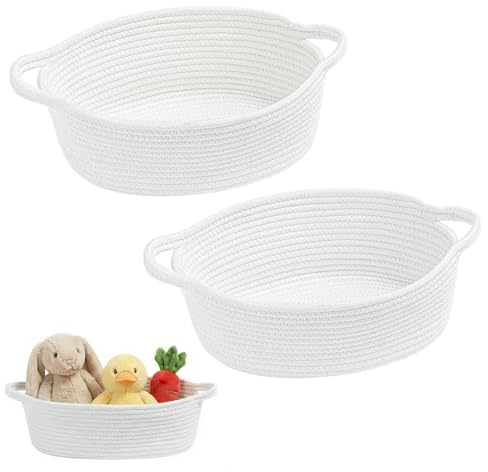 Rudfovn White Woven Storage Basket, 2 Pcs Small Cotton Rope Woven Storage Baskets with Handle for Towel, Easter Egg, Pet Supplies