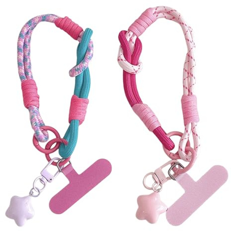 2 pièces de chaînes pour téléphone portable courtes réglables tissées, pendentif universel pour téléphone avec charme étoile mignon, chaîne pour téléphone portable courte pour poignet, lanière pour