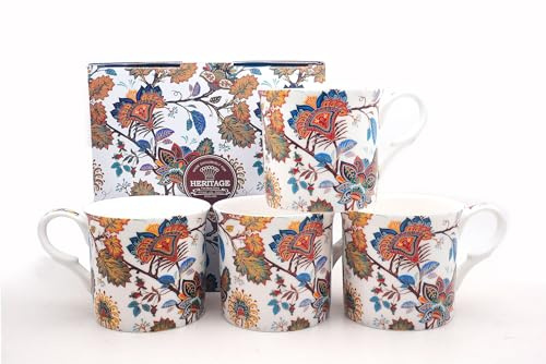 Fine Bone China Set of 4 Mugs – Bold Exotic Botanical Floral Design, Gift Boxed