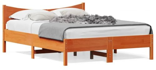 Foknhdi Massivholzbett 120x200 cm, Bettgestell aus Kiefernholz mit Kopfteil, Rustikales Einzelbett mit Lattenrost, Wachsbraun, Stabiler Bettrahmen für Schlafzimmer