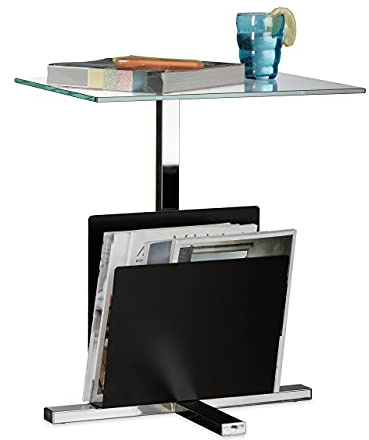 Relaxdays Beistelltisch mit Zeitungsständer, Metall, Glas Couchtisch, Zeitungsablage, HxBxT: 53 x 46 x 36 cm, schwarz