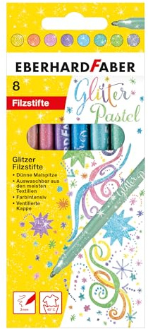 Eberhard Faber 551009 - Glitzer Filzstifte Pastell, 8 Malstifte mit dünner Spitze im Kartonetui