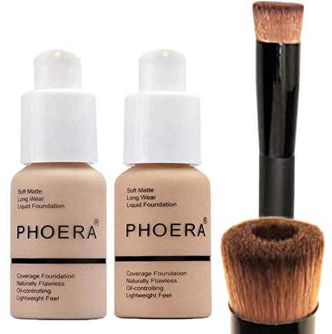 Glamza PHOERA Foundation 102 and 104 Full Coverage Foundation, Full Coverage Flawless New 30ml 24HR Matte Oil Control (Buff Beige #104)(Nude #102) + Liquid Foundation Brush