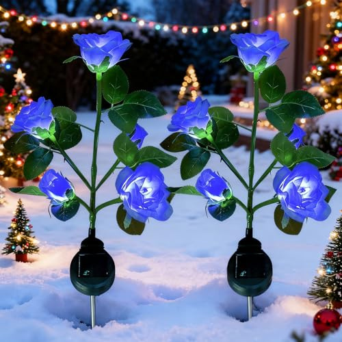 XVZ Solar Gartenstecker für Außen, 2 Stück LED Rose Lampen mit Größerer Blume und Breiterem Wasserdichten Panel, Blumen für Rasen, Terrasse, Weg, Balkon Deko - Blau
