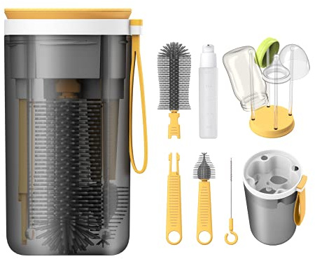 YOTIME Reise Baby Flaschenbürsten Set, mit Flaschenbürste Silikon, Reinigungsbürste für den Nippel, Strohhalmbürste, Seifenspender für Flaschen und Trockenständer Babyflaschen, BPA-frei, Gelb
