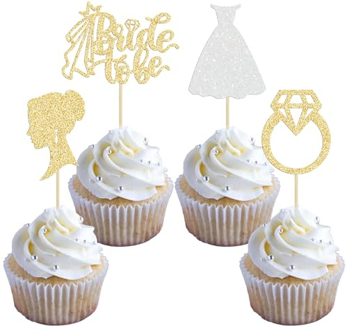 Gyufise Cupcake-Topper mit Glitzer, für die zukünftige Braut, mit Diamanten, Tüllkleid, Cupcake-Topper für Brautparty, Hochzeit, Verlobung, Junggesellinnenabschied, 24 Stück