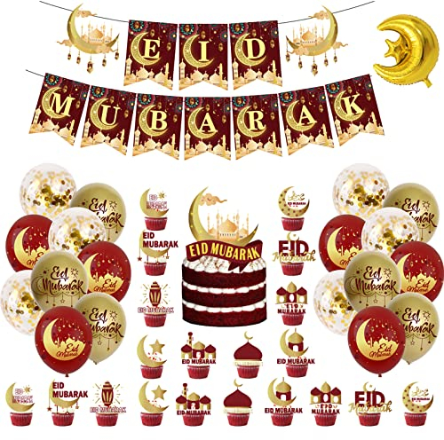 FINEVERNEK Decoration Ramadan, Décoration Ramadan Kareem Aid Mubarak, Mubarak Decoration Ballons, Guirlande Ballons Eid Mubarak, Eid Mubarak Ramadan Bannière, Fête de l'Aïd Musulmanes