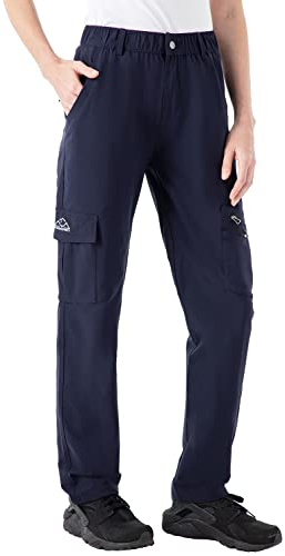 Rdruko Hiking Trousers Women Outdoor Walking Cargo Pants Quick Dry Lightweight Camping Running Casual Trousers with Zipper Pockets Navy Blue L