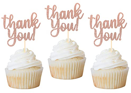 Rsstarxi 24 Pack Thank You Cupcake Toppers Glitter Thank You Cupcake Picks for Thanksgiving Day Wedding Anniversary Baby Shower Kids Birthday Party Cake Decoration Supplies Rose Gold