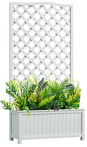 Pflanztisch Hochbeet Mit Spalier, Pflanzen Gemüse Blumen Kräuter Holz Erhöhter Blumenkasten, Für Balkon, Terrasse Und Hof Vertikaler Kletterpflanzenständer,Weiß,75x40x120cm