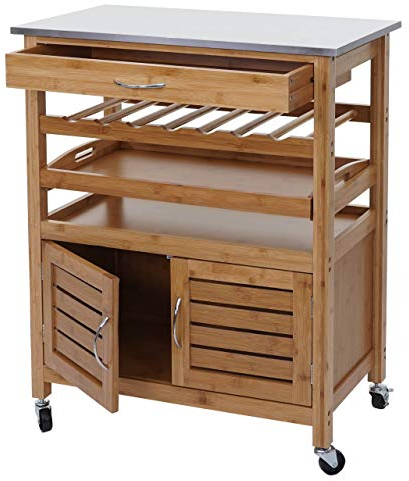 Mendler Servierwagen HWC-D15AM, Küchenwagen Barwagen Rollwagen Küchenhelfer Beistellwagen, Bambus mit Edelstahlplatte 89x70x37cm