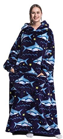 Seogva Extra Long Wearable Blanket Hoodie, Oversized Blanket Sweatshirt for Women and Men, Super Warm and Cozy Giant Hooded Blanket, Thick Flannel Blanket with Sleeves and Giant Pocket (Shark Navy)