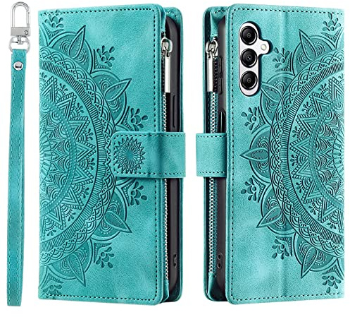 VEEMOS Handyhülle für Samsung Galaxy A54 5G hülle Klappbar Blumen Handytasche Schutzhülle Klapphülle mit Kartenfach Handy Tasche Book Cover Flip Case Ständer - Grün