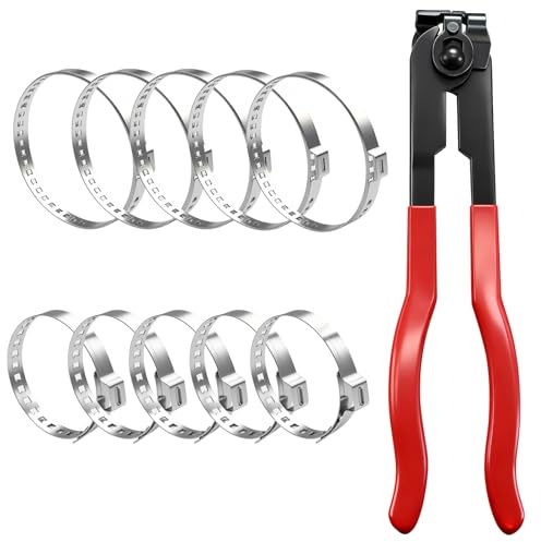 Aienxn CV Boot Clamp Plier with 10PCS 304 Stainless Steel Crimp Bands, 5PCS Small and 5PCS Large Universal Adjustable Drive Shaft Drive Shaft Joint Boot Crimp Clamps for Most Cars