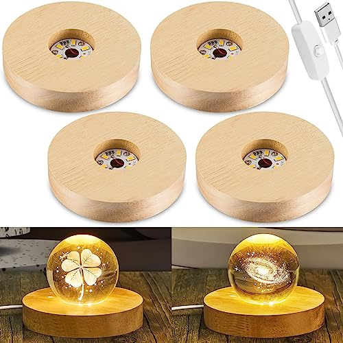 Honoson 4 Pcs LED Light Base - Wooden LED Base for Crystal Wood Light Display for Glass Art Lighted Stand for 3D Glass Resin Art(Round)